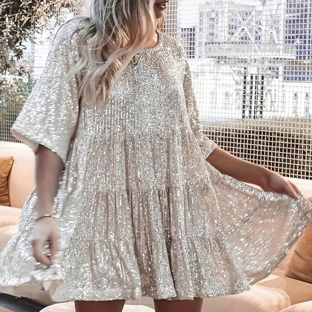 Silver Cute Women's Round Neck Mid-Sleeve Ruffle Hem Sequin Dress